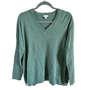 J. Jill Woman Size M Green Cotton Viscose Blend V Neck Sweater Rib Knit Sleeves